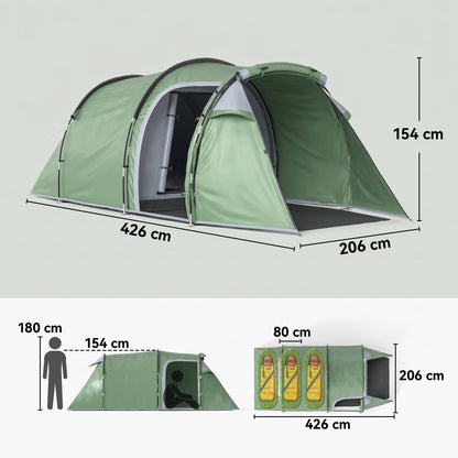 2 Man Tunnel Tent with Sewn-in Groundsheet, Air Vents, Rainfly, 2000mm Large Camping Tent with Bedroom, Porch