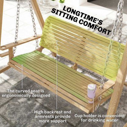 2 Seater Garden Swing Seat, Wooden Swing Chair Bench with Cup Holders for Outdoor Porch Patio, Natural