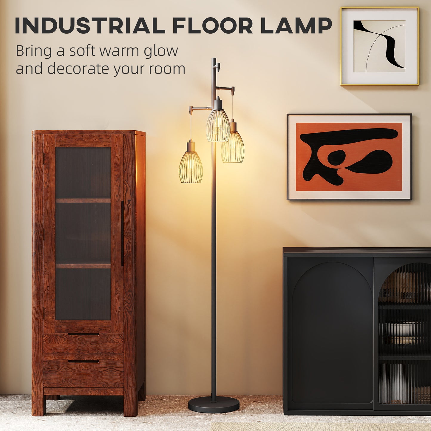 3-Light LED Floor Lamp, 170cm Industrial Dimmable Standing Lamp with Steel Wire Cage Lampshades, 2700K for Living Room