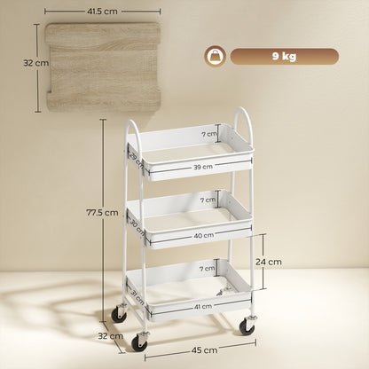 3-Tier Kitchen Storage Trolley with on Wheels Cover Top Board - White and Oak