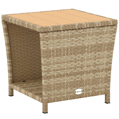 Side Table 2-Tier Outdoor Coffee Table with Storage Shelf PS Wood Slat Top/Khaki