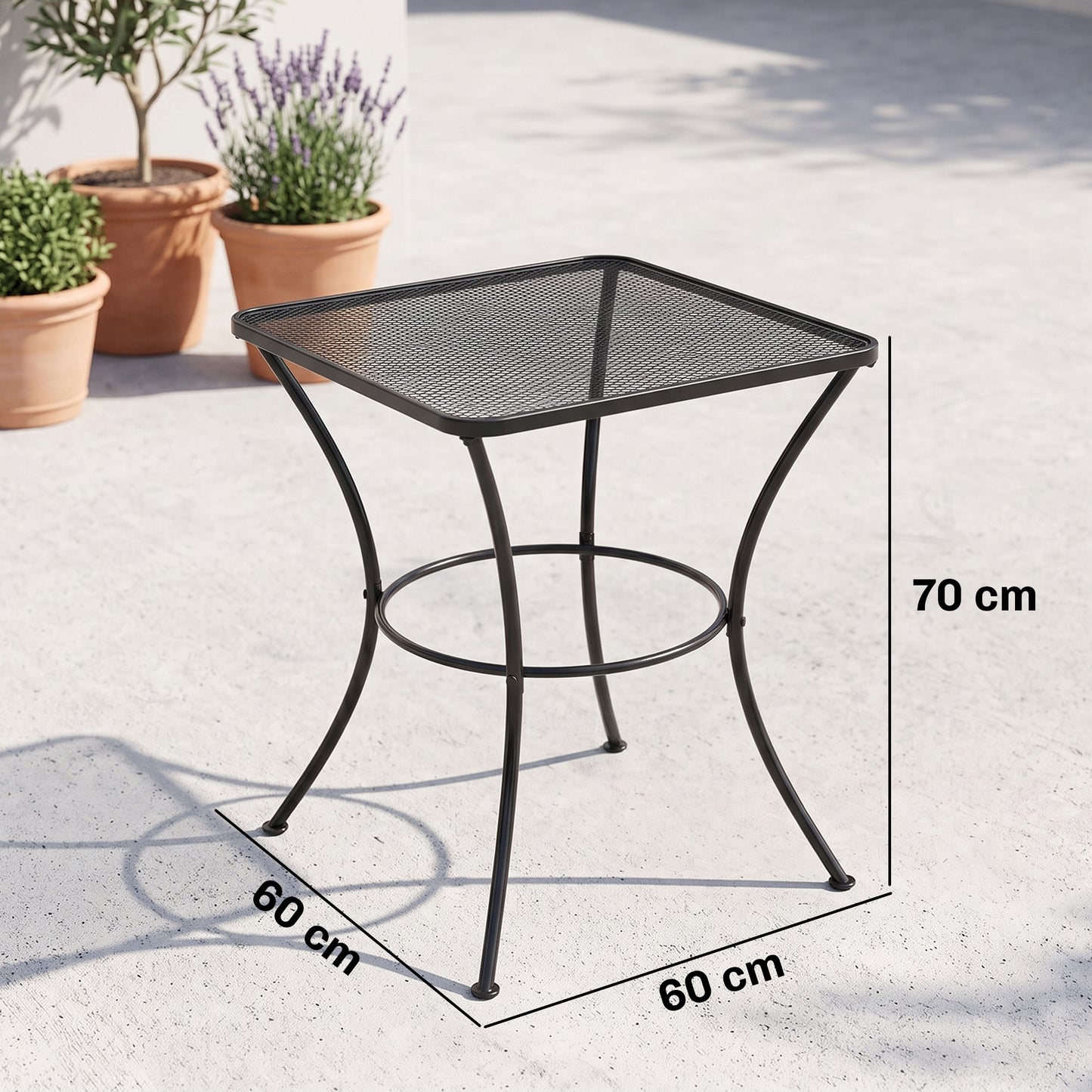 60cm Square Garden Table, Outdoor Metal Bistro Side Desk with Mesh Top, Black