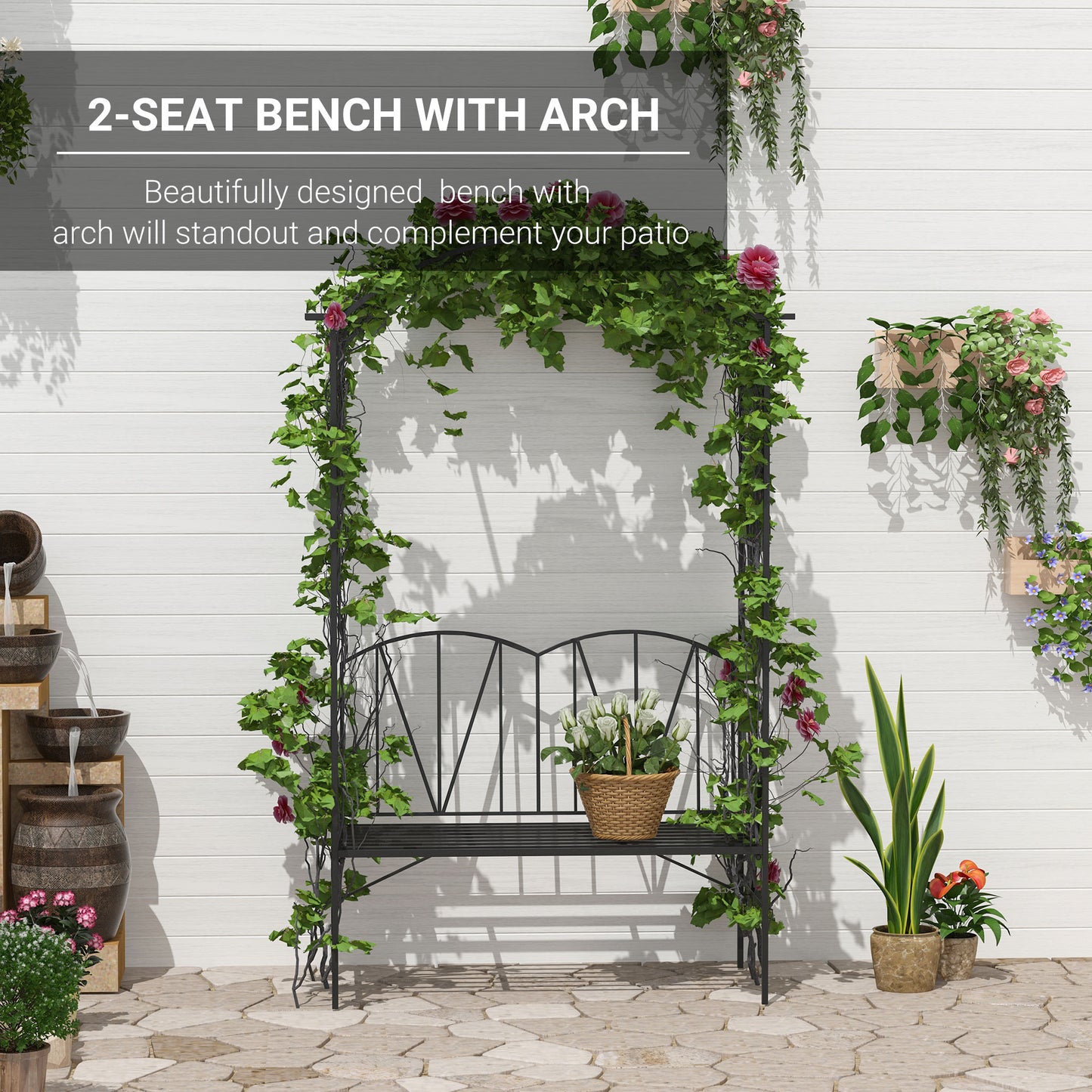 Garden Bench, 2 Seater Outdoor Patio Bench, Metal Garden Loveseat with Arch for Vines and Climbing Plants, Black