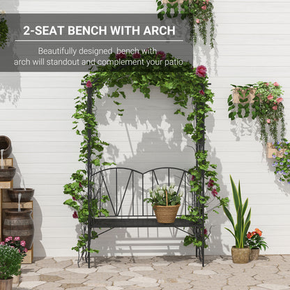 Garden Bench, 2 Seater Outdoor Patio Bench, Metal Garden Loveseat with Arch for Vines and Climbing Plants, Black