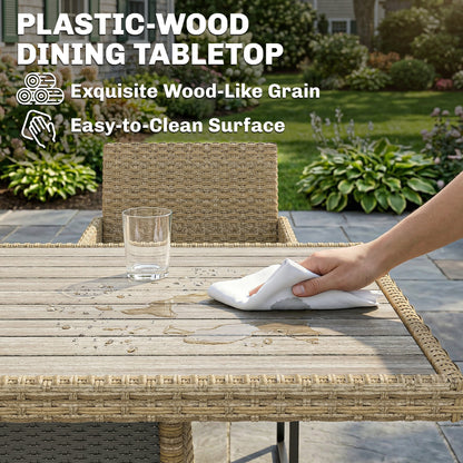 7 Piece Rattan Garden Furniture Set, Garden Dining Set with Wood-Plastic Table and 6 Stackable Chairs, Dark Grey