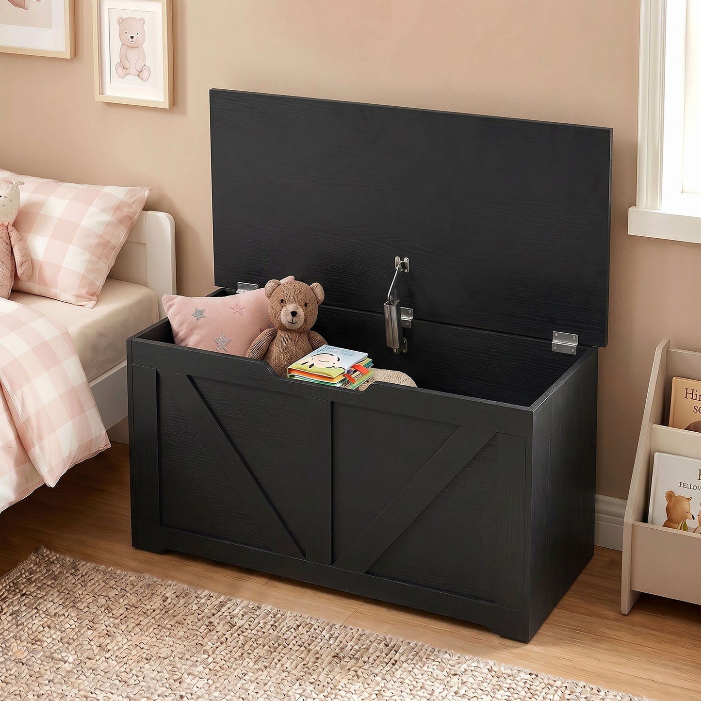 100L Home Storage Box, with Safety Hinge - Black Wood-Effect