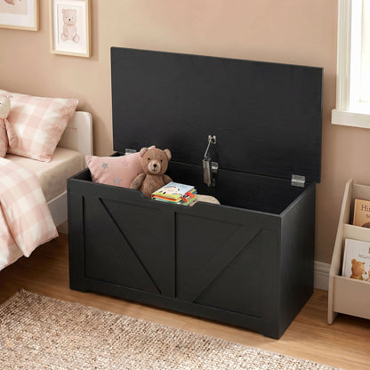 100L Home Storage Box, with Safety Hinge - Black Wood-Effect
