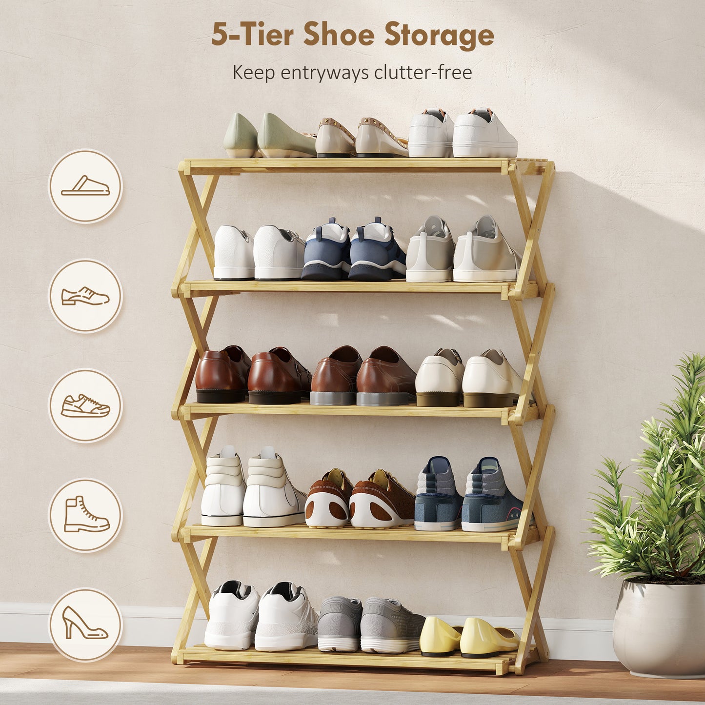 Five-Tier Folding Bamboo Shoe Rack - Natural Finish