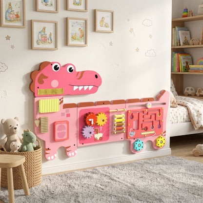 Busy Board Panels, Wall Mounted Montessori Inspired Busy Board, Toddler Learning Centre Dinosaur Theme, Pink