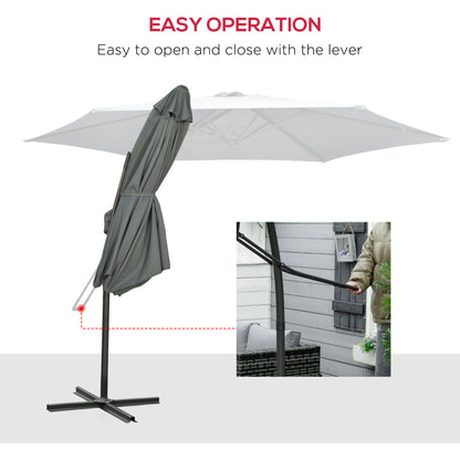 3m Cantilever Parasol with Easy Lever, Patio Umbrella with Crank Handle, Cross Base and 6 Metal Ribs