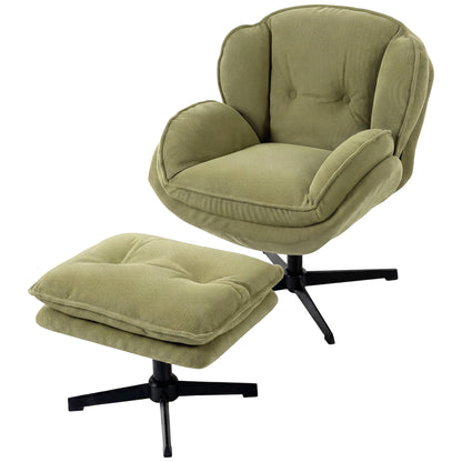 Armchair with Adjustable Footstool, 360° Swivel Chenille Cloud Accent Chair with Thick Cushion, Steel Base, Green