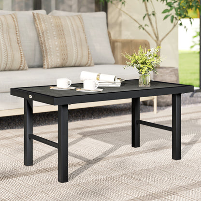Metal Garden Coffee Table, Outdoor Side Table with SPC Woodgrain Tabletop for Outside, 100 x 52 x 46cm, Dark Grey