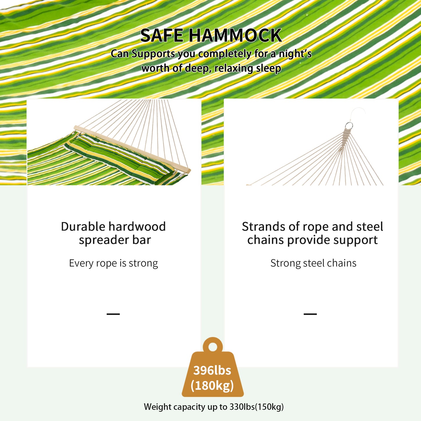 Double Cotton Hammock Camping Swing Outdoor Garden Beach Stripe Hanging Bed with Pillow, 188 x 140 cm, 180 KG Capacity, Green