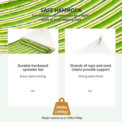 Double Cotton Hammock Camping Swing Outdoor Garden Beach Stripe Hanging Bed with Pillow, 188 x 140 cm, 180 KG Capacity, Green