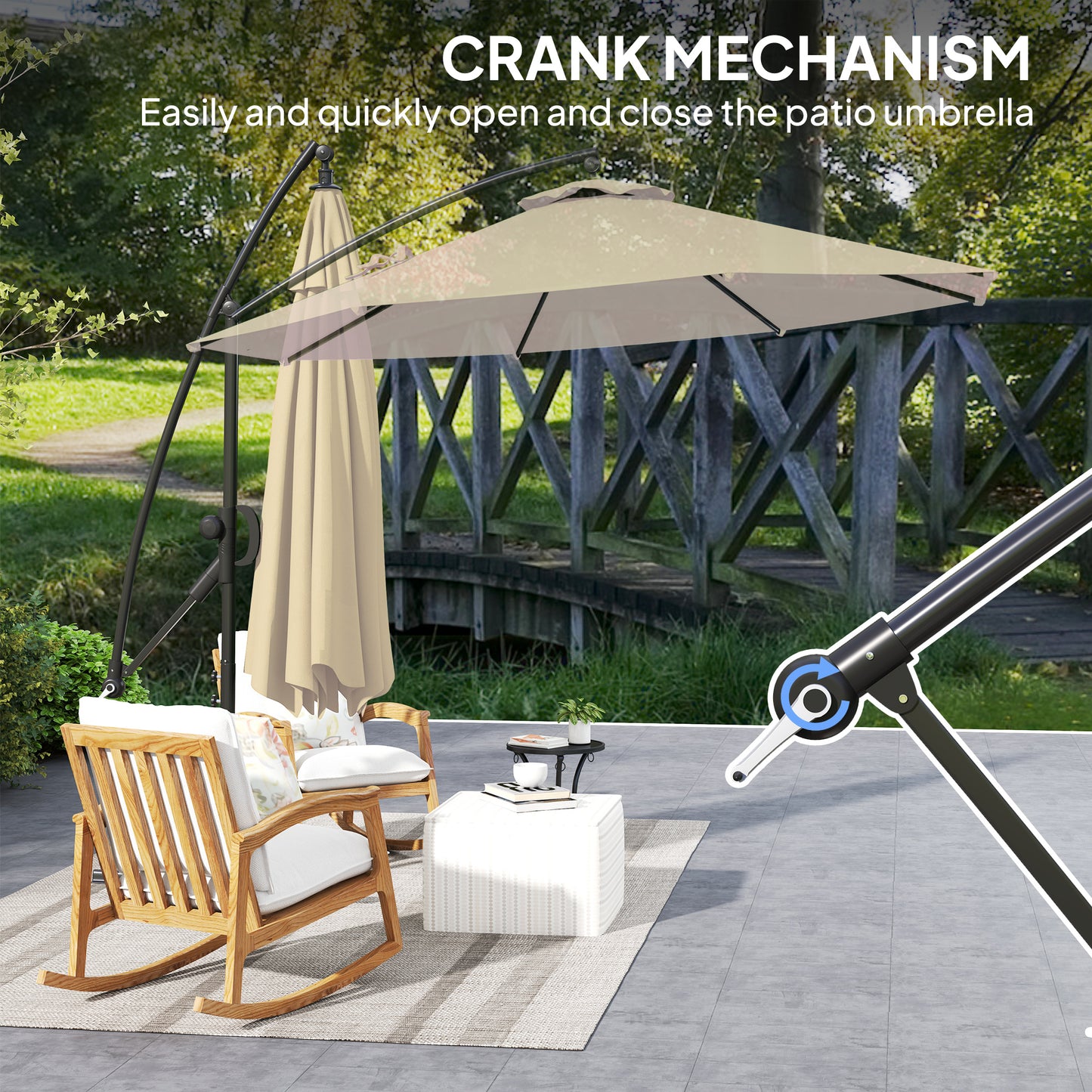 3(m) Garden Cantilever Parasol with Cover and Wind Protection Strap, Round Overhanging Umbrella with Crank Handle and Tilt