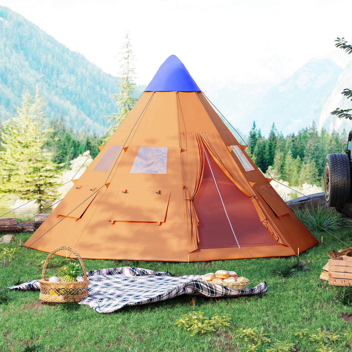 6 Men Tipi Tent with Carry Bag - Orange