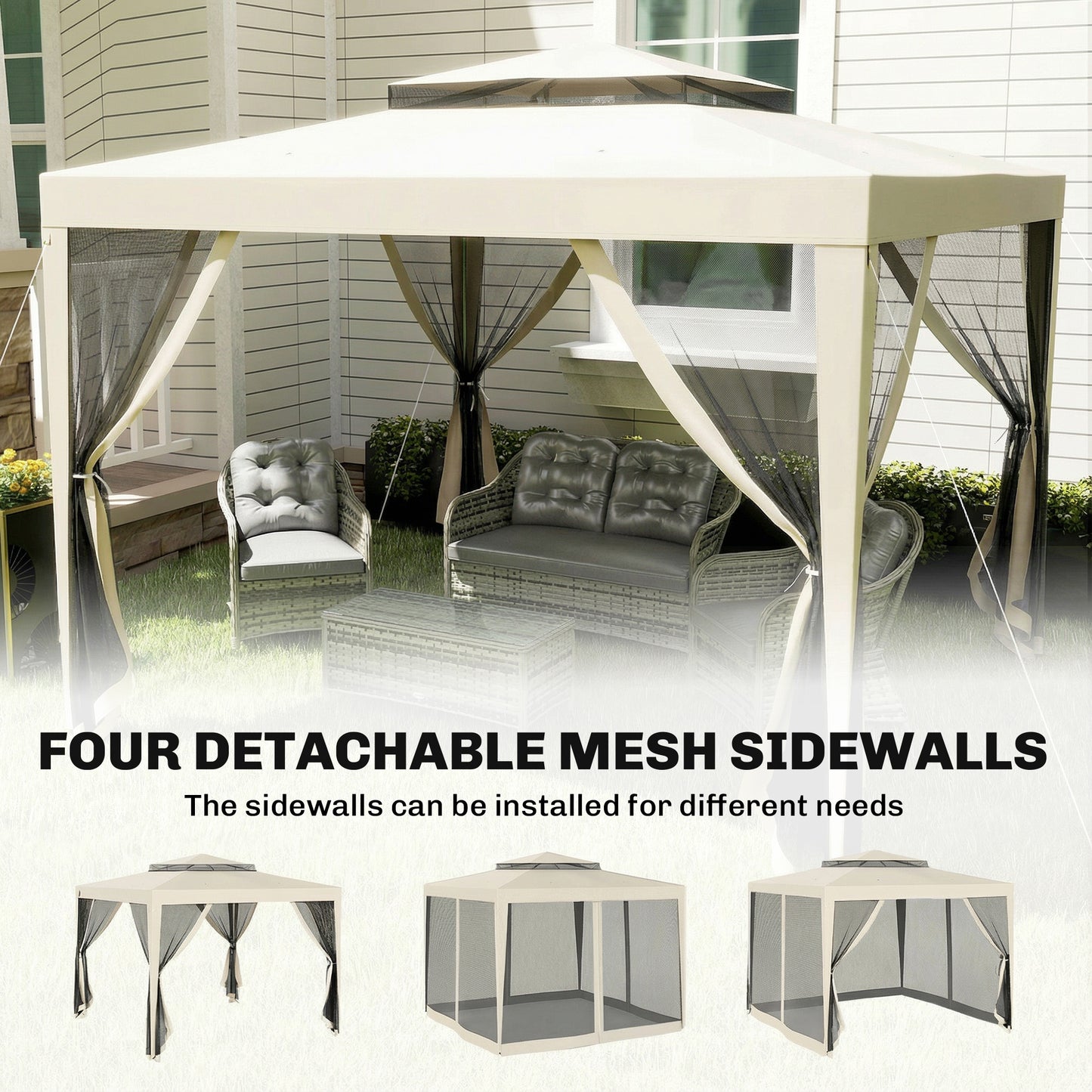 3 x 3 m Gazebo, Netting Party Tent, Patio Canopy Outdoor Event Shelter with Double Tier Roof, Beige