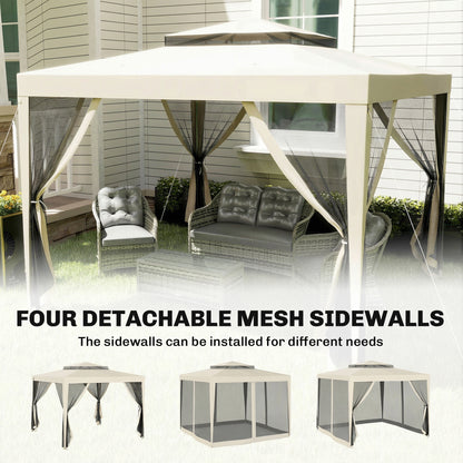 3 x 3 m Gazebo, Netting Party Tent, Patio Canopy Outdoor Event Shelter with Double Tier Roof, Beige