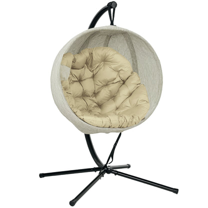 Hanging Egg Chair Outdoor Indoor Garden Swing Chair with Folding Basket, Thickened Cushion, Cup Holder for Patio, Balcony