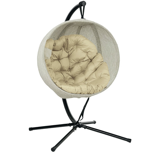 Hanging Egg Chair Outdoor Indoor Garden Swing Chair with Folding Basket, Thickened Cushion, Cup Holder for Patio, Balcony
