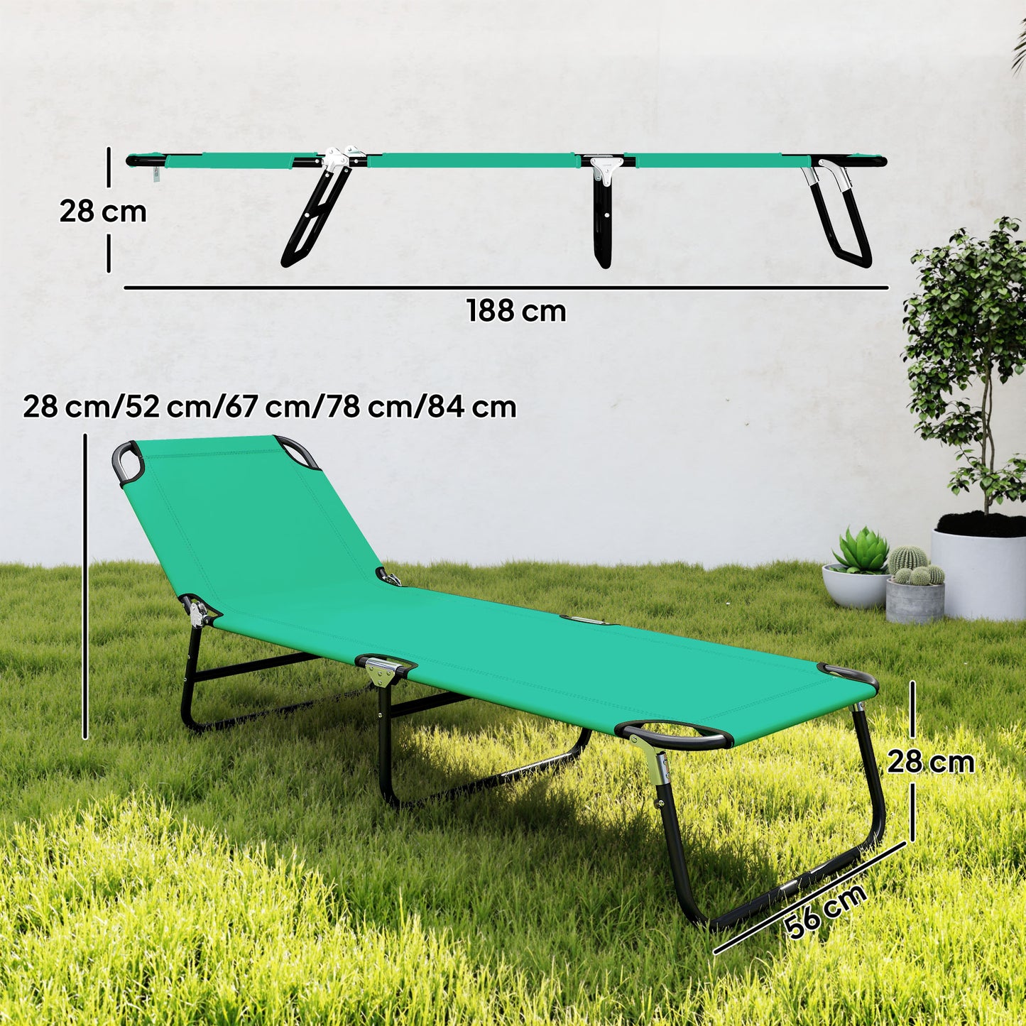 Foldable Sun Lounger with 5-Position Adjustable Backrest, Outdoor Portable Recliner Chaise Lounge Chair, Green