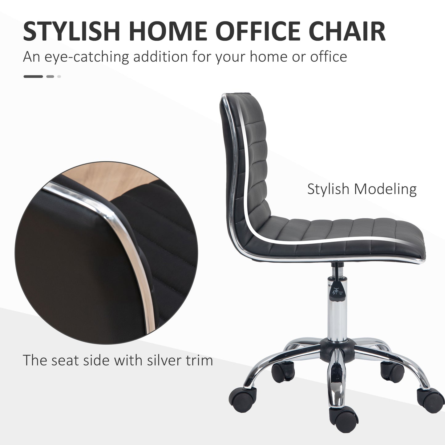 Armless Task Desk Chair, Swivel Office Chair with Faux Leather, Adjustable Seat Height, Chrome Base, Wheels for Home, Black