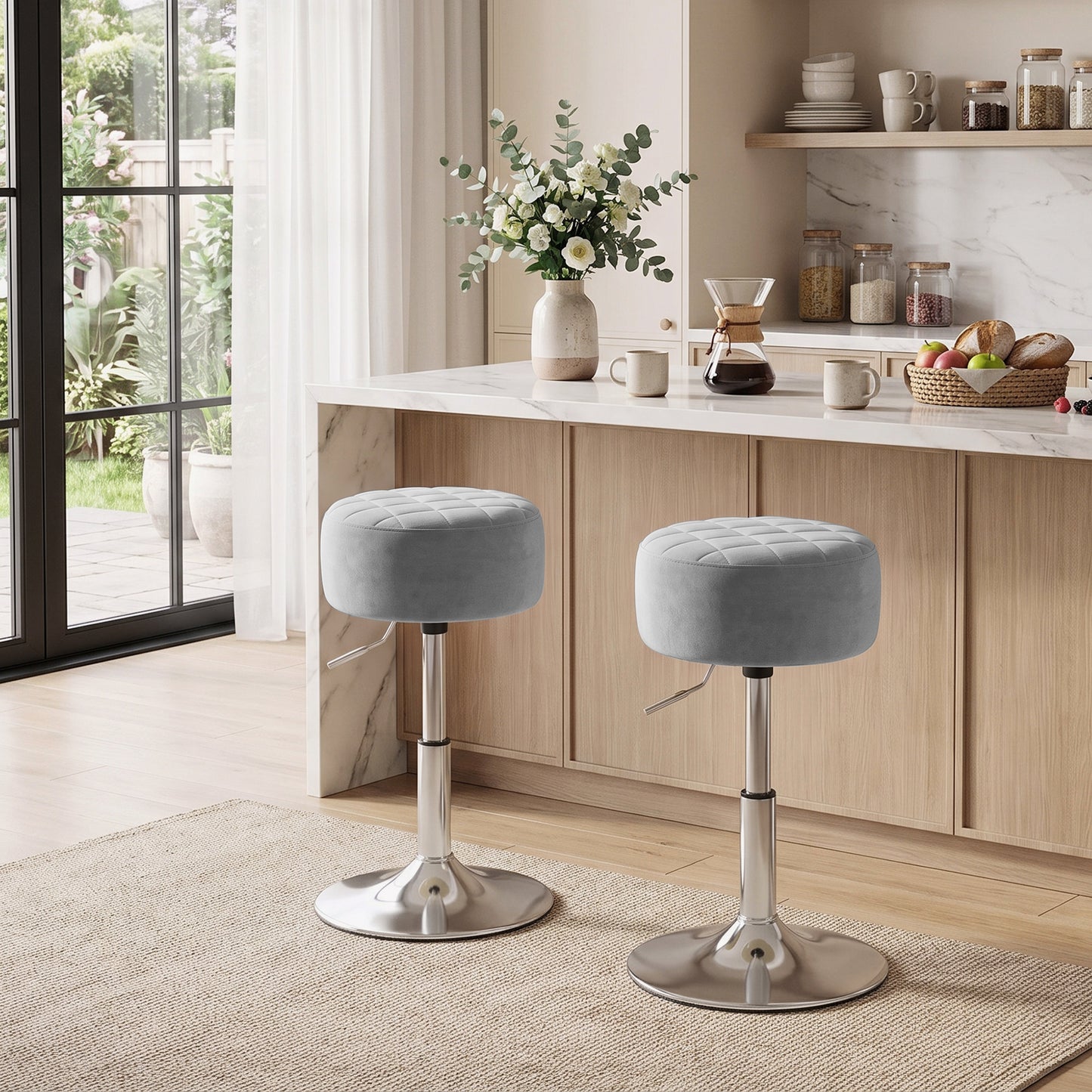 Bar Stool Adjustable Swivel Chair Velvet-Feel Seat 1 Piece, Grey