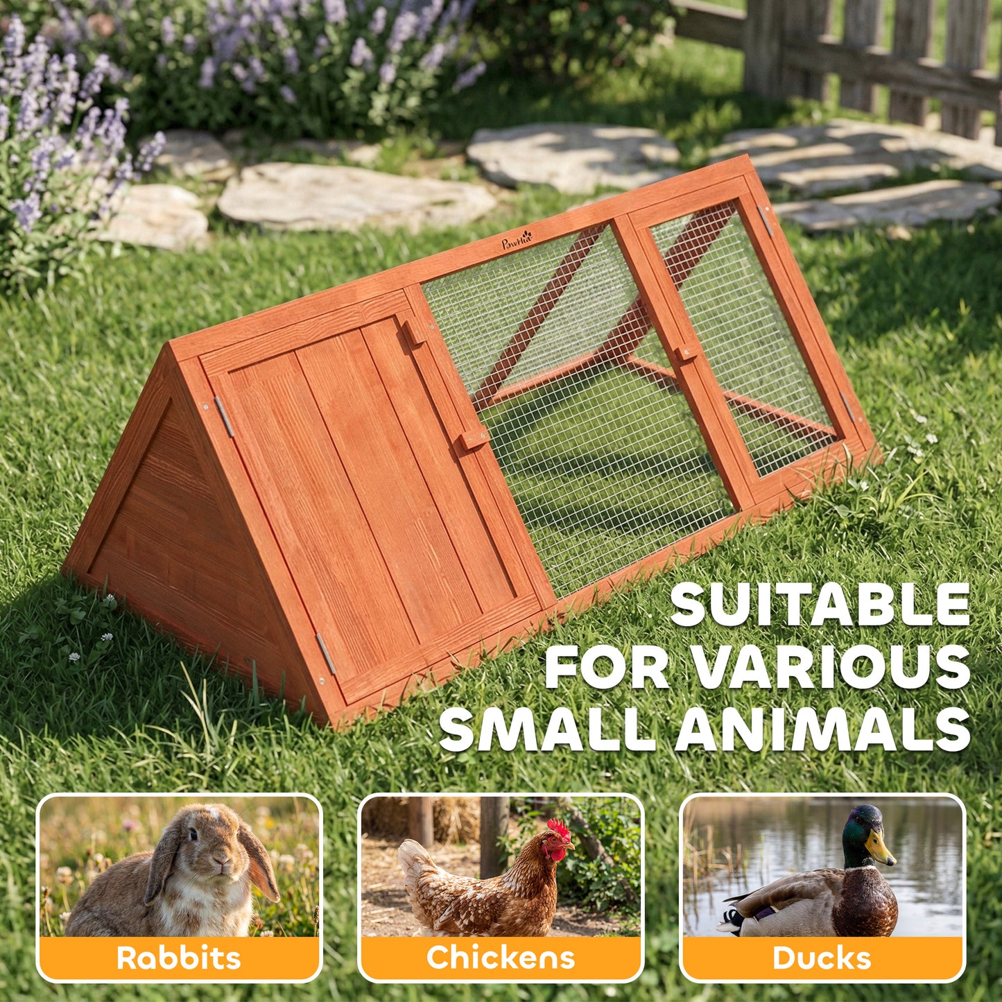 Rabbit Hutch, Wooden Guinea Pig Hutch with Run and Doors, Outdoor Triangle Bunny House for Rabbits,Duck and Chicken