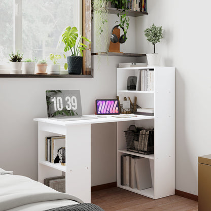 120cm Computer Desk, Wooden PC Laptop Table with 6-Tier Storage Bookshelves, Home Office Working Study Desk