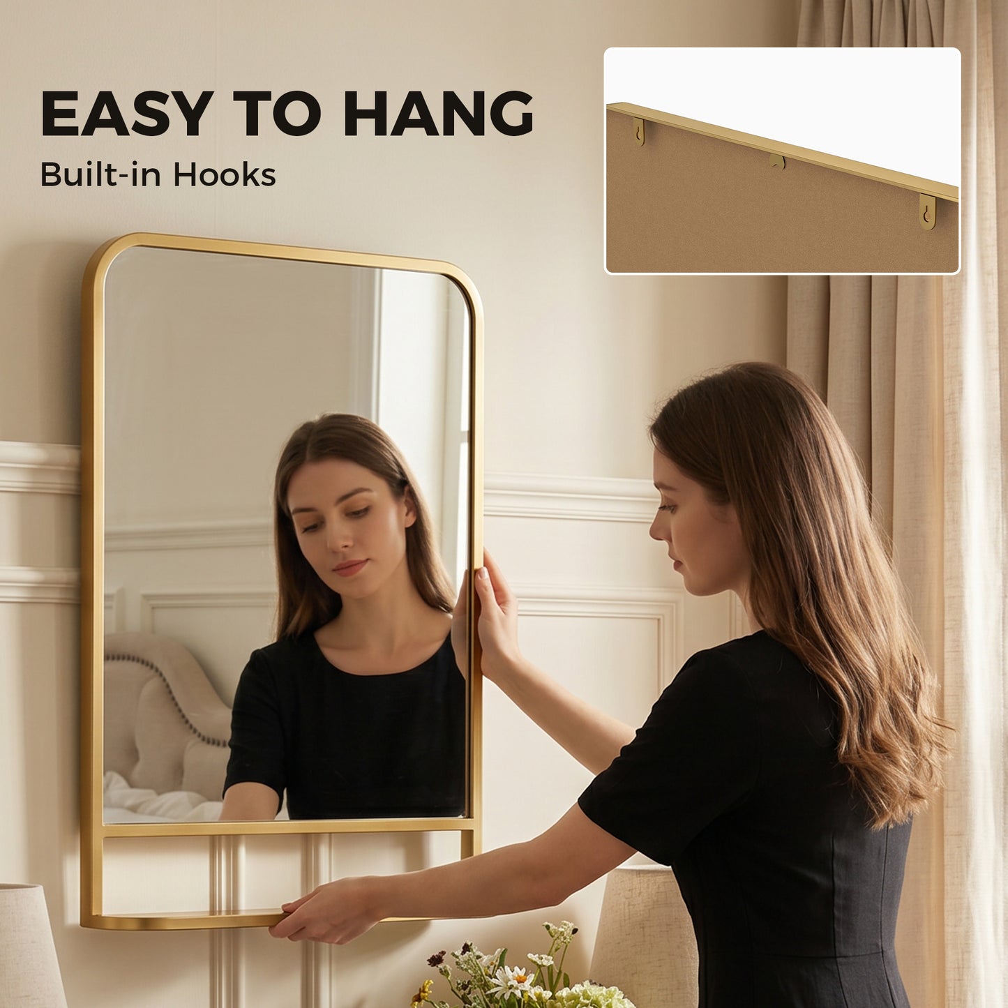 Modern Rectangular Wall Mirror with Storage Shelf, 70 x 50 cm, Gold Tone
