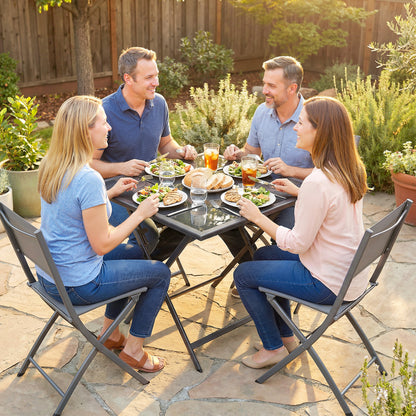 Folding Outdoor Dining Table, Square Garden Table Tempered Glass Top with Parasol Hole Garden Patio, 70 x 70 x 70 cm