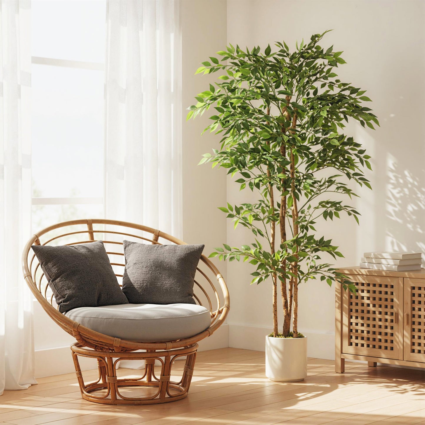 180cm Artificial Ficus Tree, Fake Potted Tree with Solid Wood Trunk and Pot for Indoor, Green