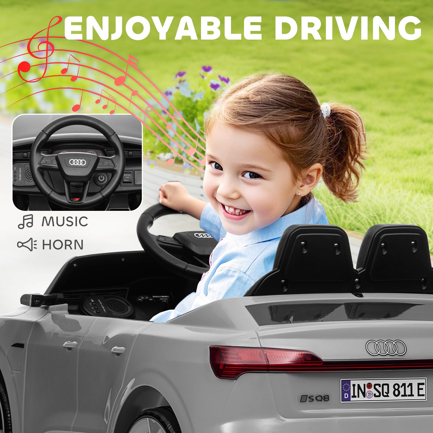 Audi Q8 e-tron Sportback Licensed 12V Ride on Car w/ Remote, 4 Spring Suspension Wheels, Headlamps, Music, Horn - Grey