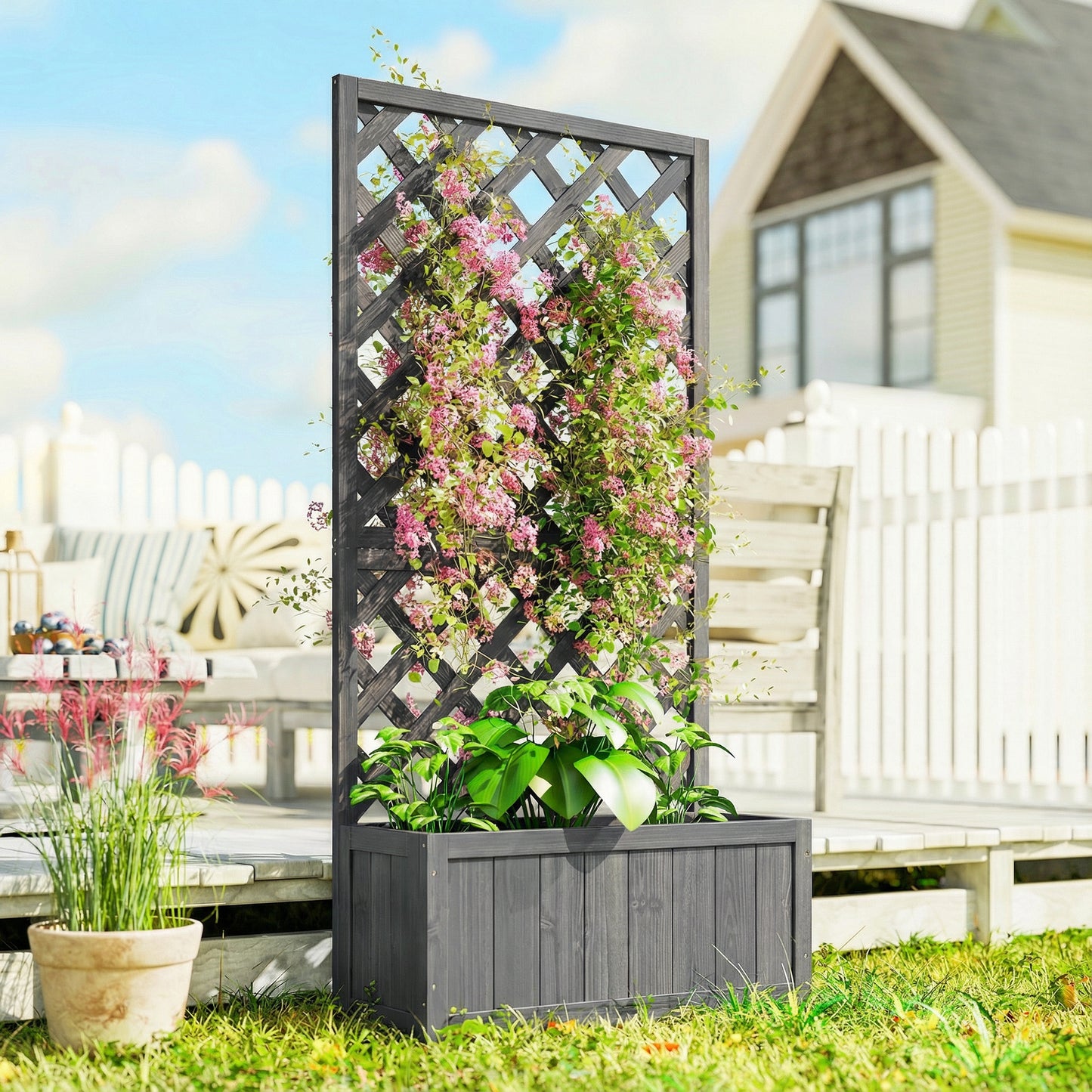 Wood Planter with Trellis for Climbing Plants, Raised Bed, Planter Box with Drainage Holes to Grow Herbs Flowers, Grey