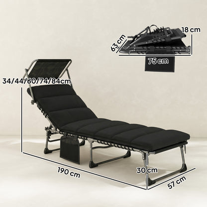 Folding Sun Lounger with Canopy, Reclining Sunbed with Cushion, Side Pocket, Carrying Handle, Black