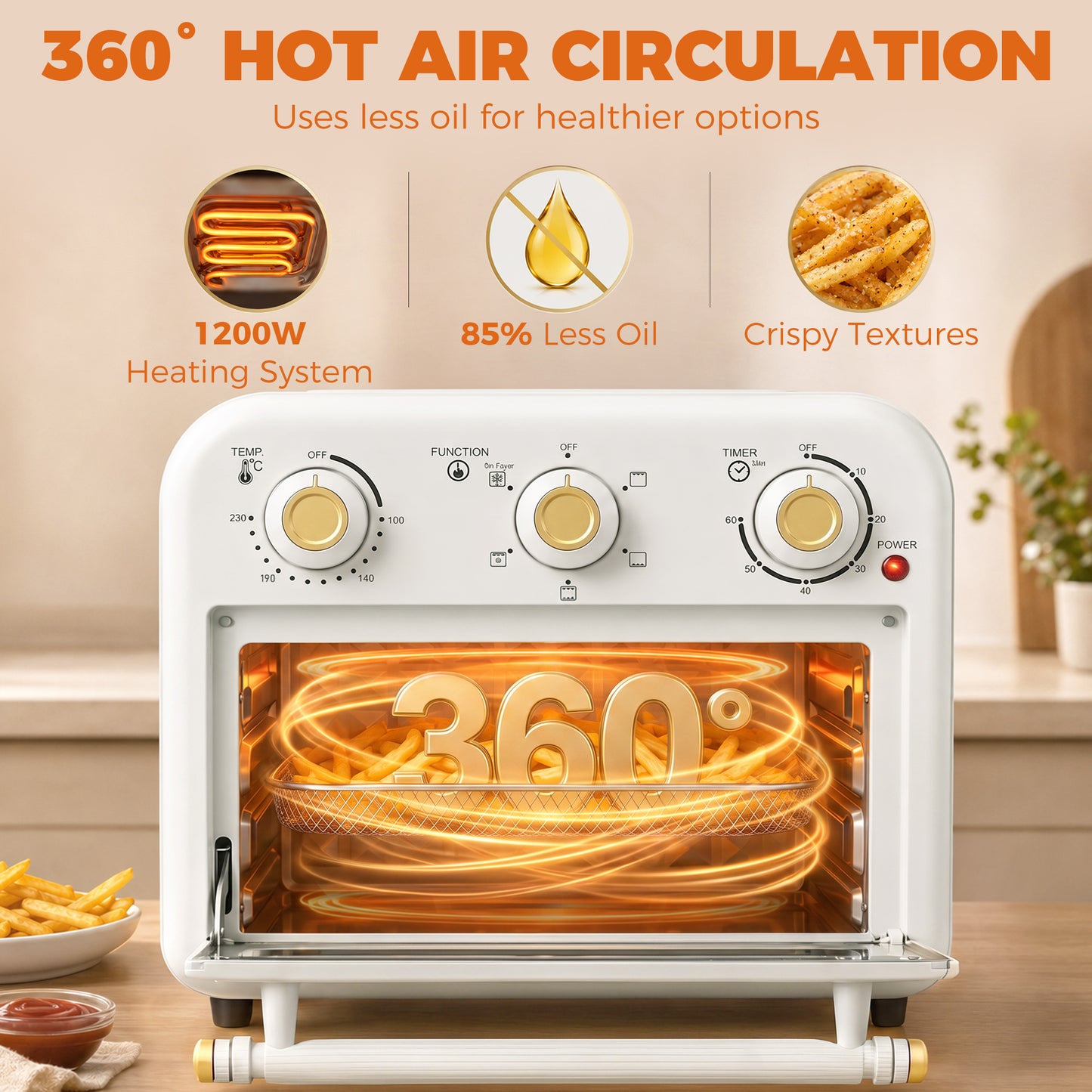 Air Fryer Toaster Oven, Convection Countertop Oven, with Adjustable Temperature and Timer, 12 L, Cream White
