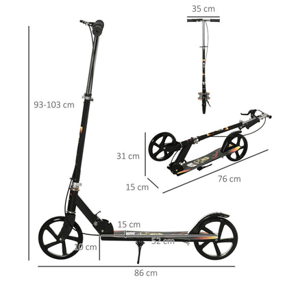 Kids Foldable Kick Scooter w/ Adjustable Height, Break, Big Wheels, for Ages 7-14 Years - Black