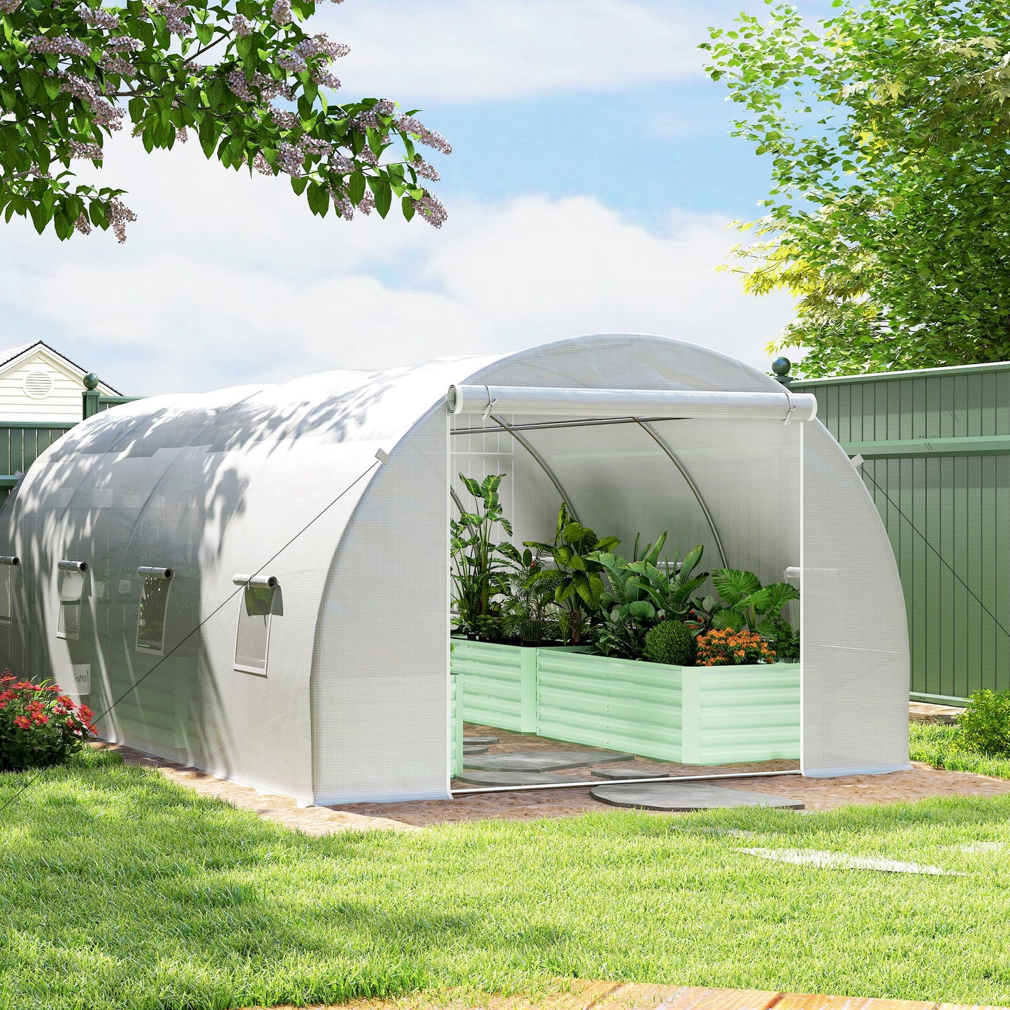 Poly Tunnel for Garden, Walk-in Polytunnel with Door and Roll Up Windows, 6 x 3 x 2 m, White