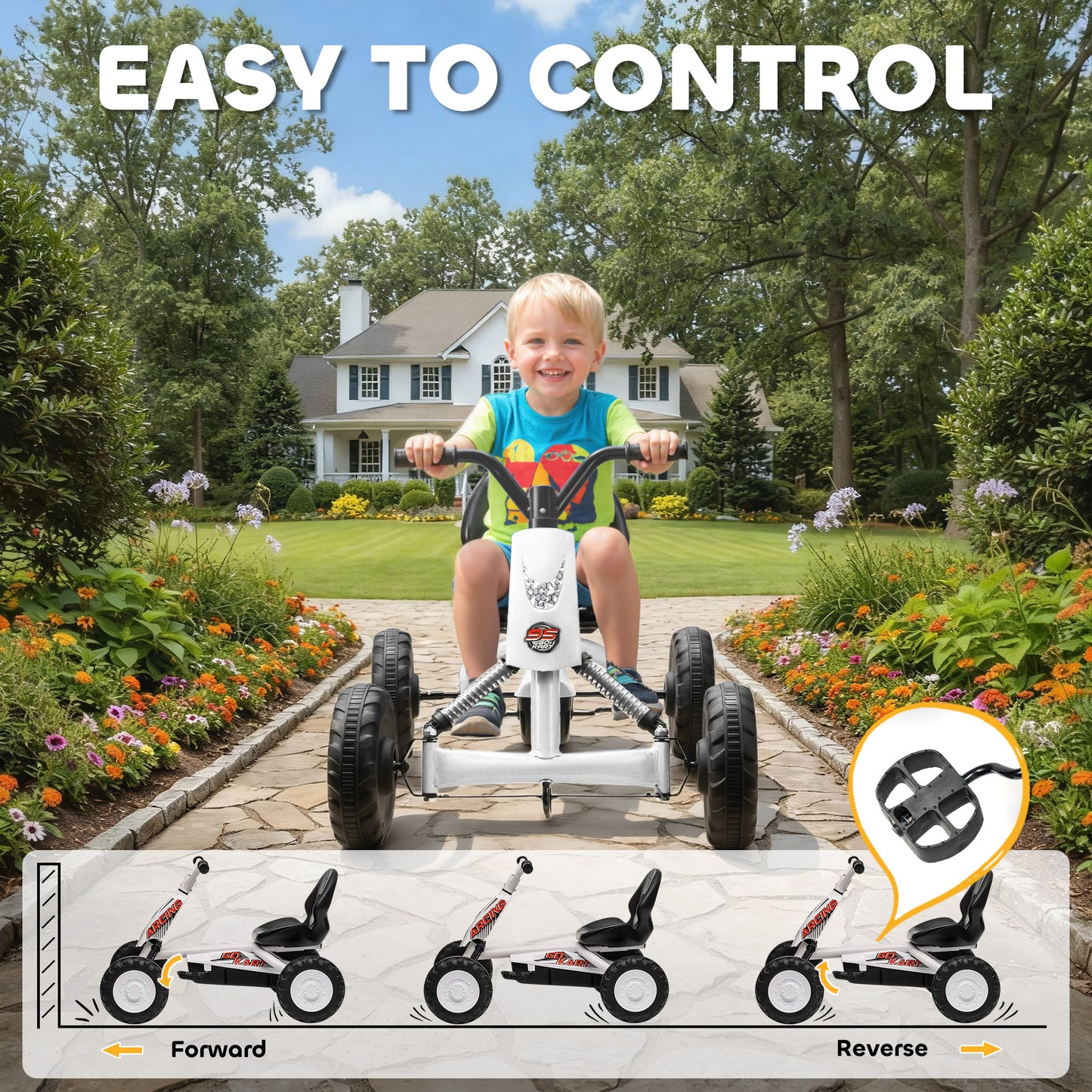 Kids Pedal Go Kart with Steel Frame, Sporty Design, for Ages 2-5 Years, White