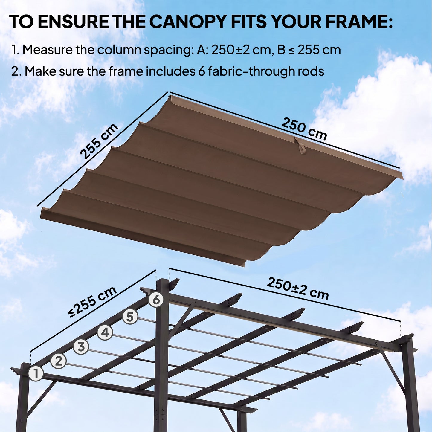 Retractable Pergola Cover, 2.55 x 2.5 m Replacement Canopy Fabric for 3 x 3 m Frame, Roof Top Only, Brown