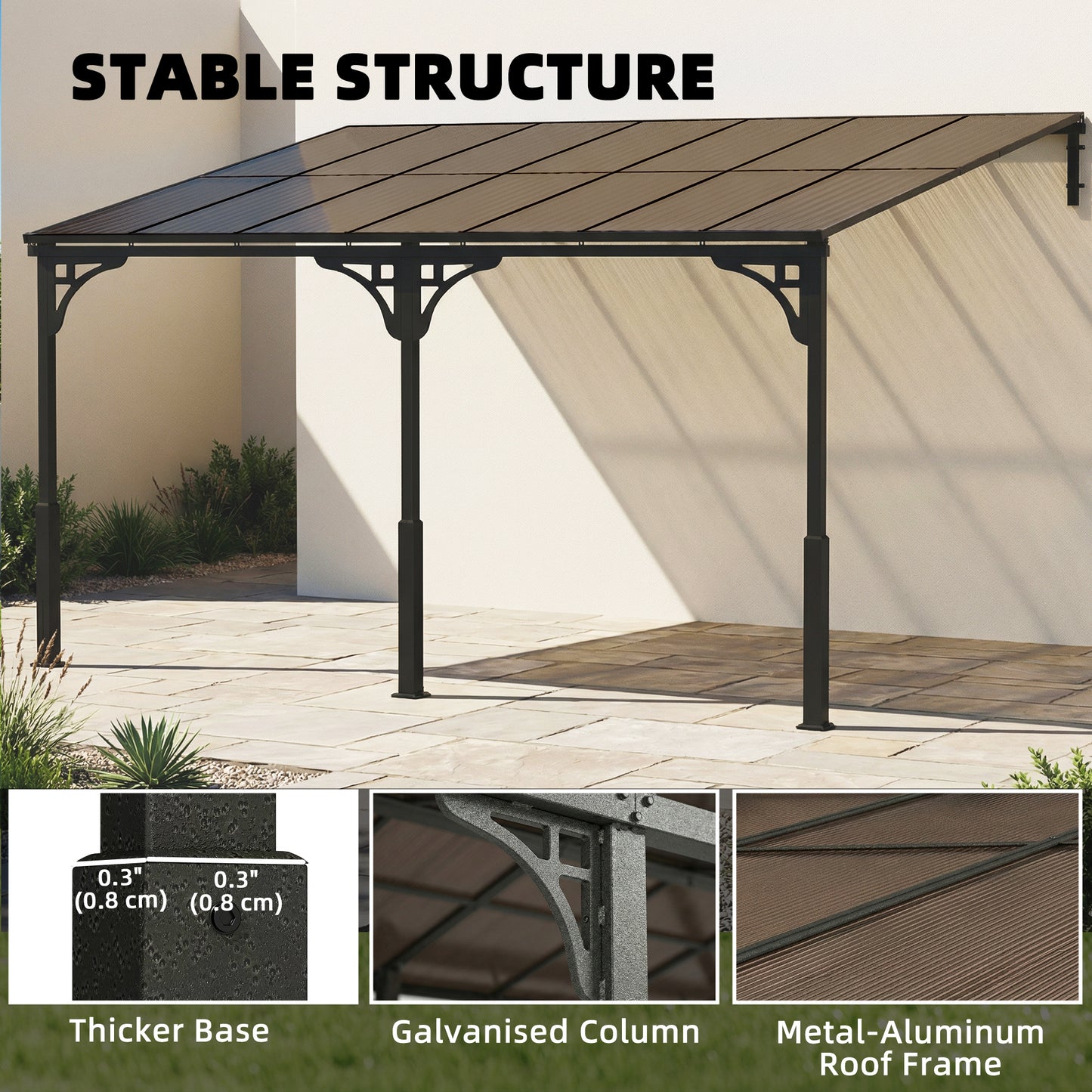 4 x 3 m Metal Lean-to Pergola, Wall-Mounted Garden Pergola with Polycarbonate Roof and Metal-Aluminium Frame