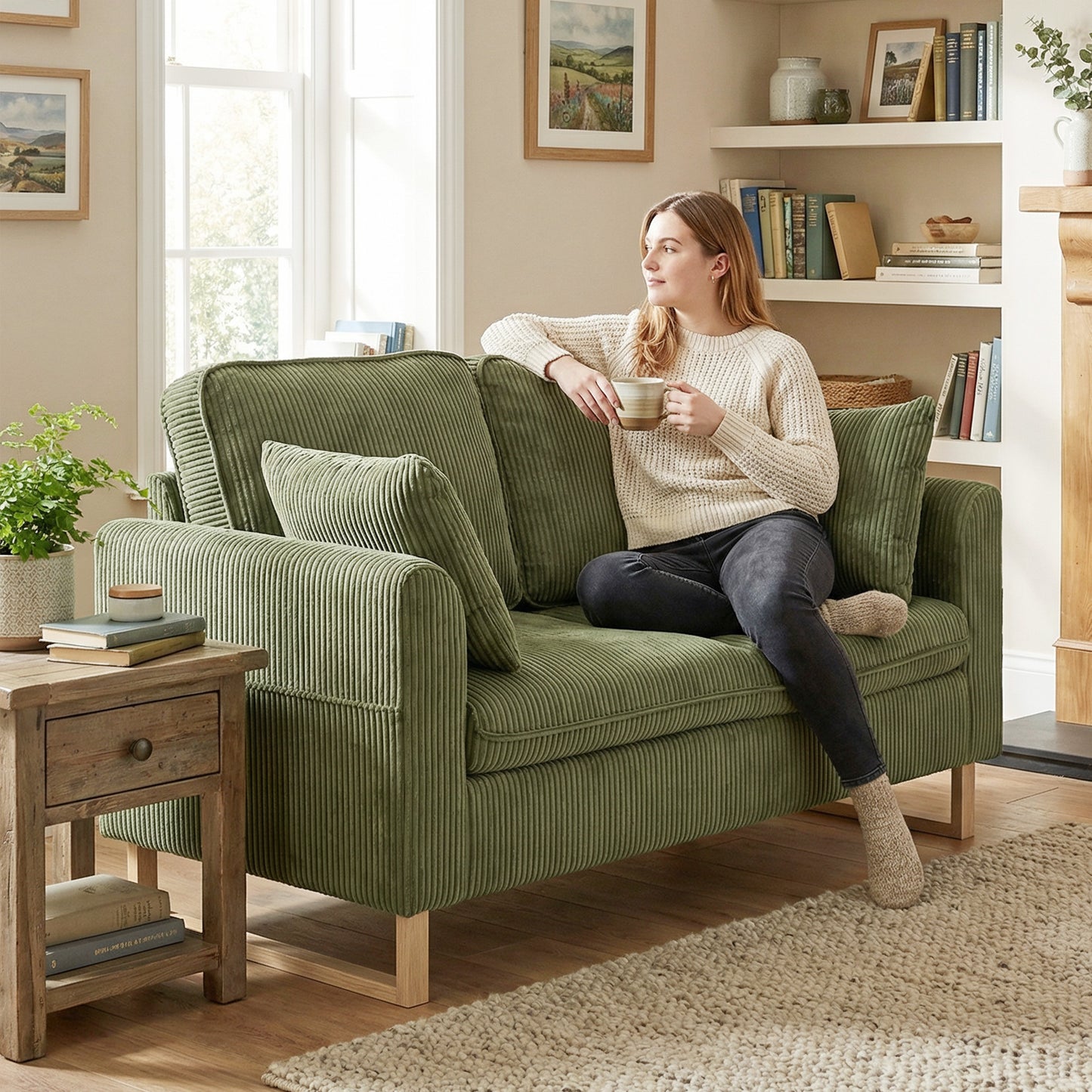 2 Seater Sofa, 140 cm Loveseat Sofa with Spring Cushions, Metal Legs, 2 Pillows, Dark Green