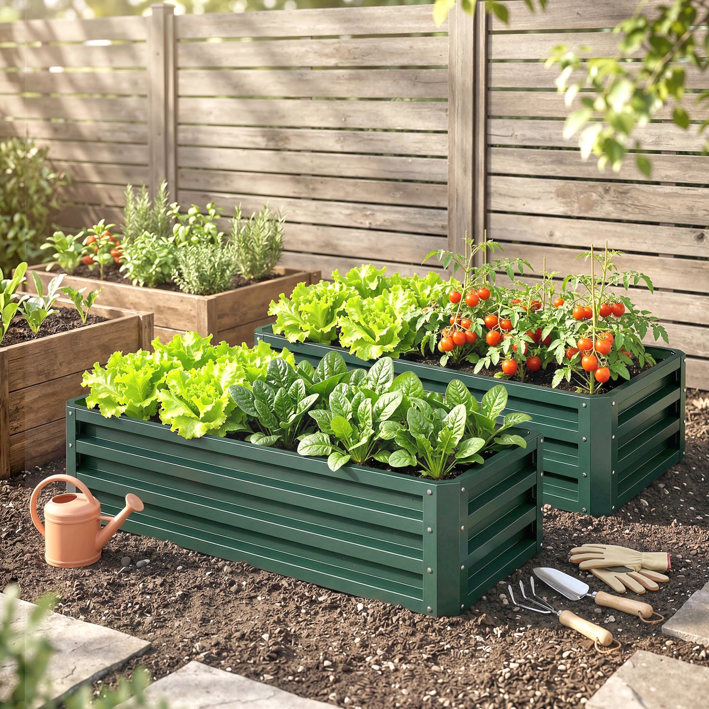 Set of Two 110 x 50 cm Steel Planter Boxes - Green