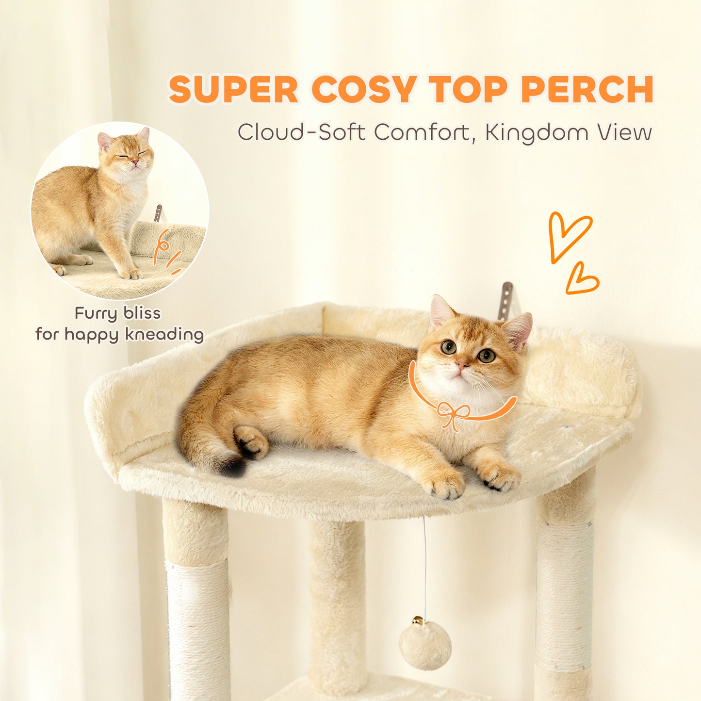 170 cm Large Cat Tree, Cat Tower with 7 Scratching Posts, Tunnel, 2 Condos, Hammock, Perch, Ramp, Pompoms, Beige