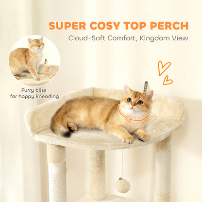 170 cm Large Cat Tree, Cat Tower with 7 Scratching Posts, Tunnel, 2 Condos, Hammock, Perch, Ramp, Pompoms, Beige