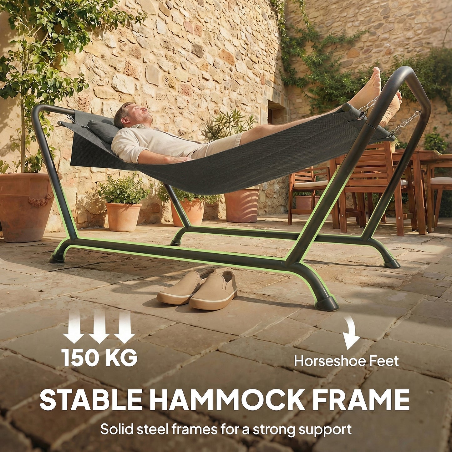 Outdoor Hammock with Stand, Freestanding Hammock with Side Pocket, Headrest for Patio, Balcony, Porch, Dark Grey