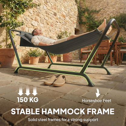Outdoor Hammock with Stand, Freestanding Hammock with Side Pocket, Headrest for Patio, Balcony, Porch, Dark Grey