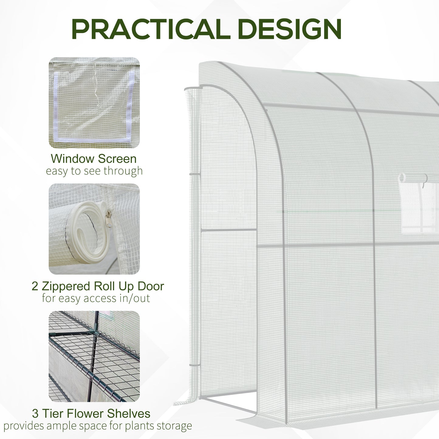 Walk-In Lean to Wall Greenhouse with Windows and Doors, Outdoor Green House with 3 Tiers 4 Wired Shelves