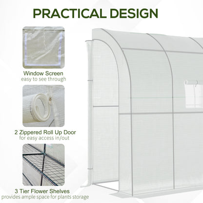 Walk-In Lean to Wall Greenhouse with Windows and Doors, Outdoor Green House with 3 Tiers 4 Wired Shelves