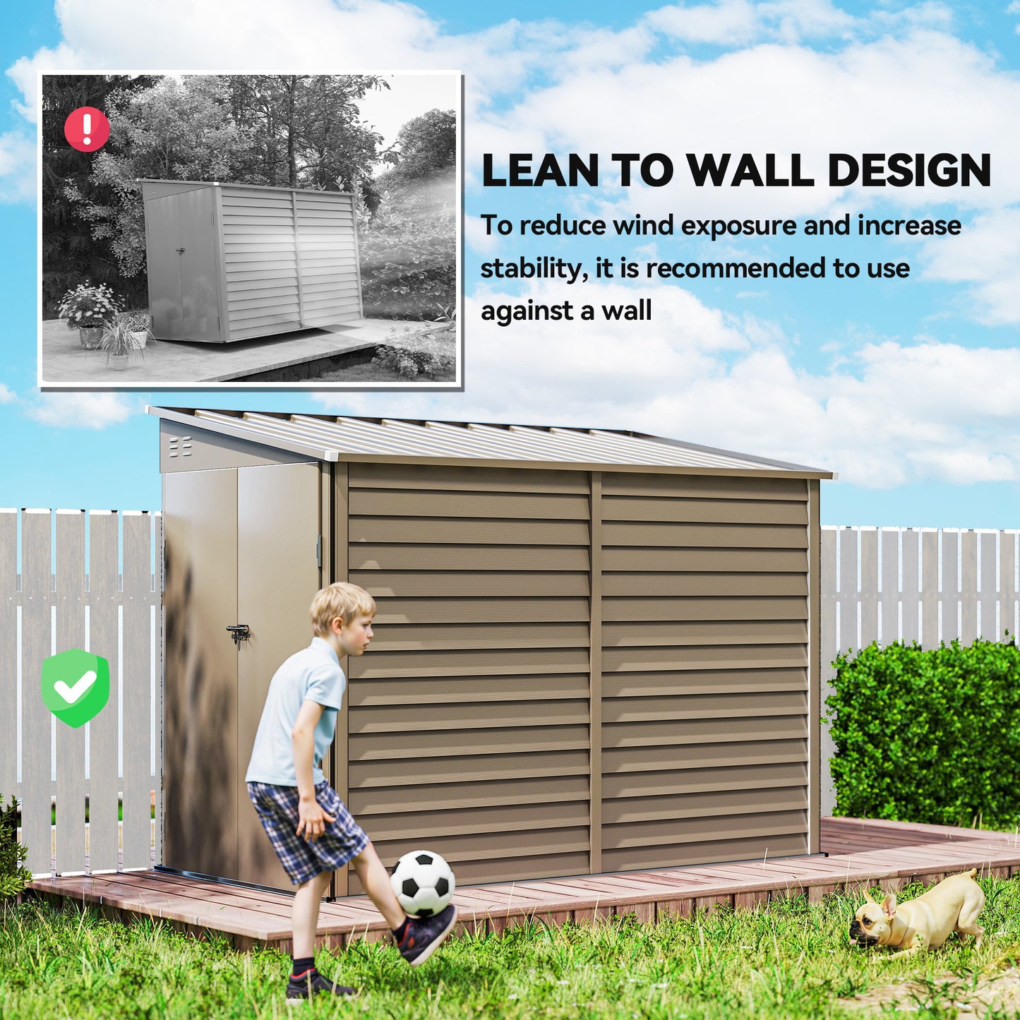 5 x 9ft Galvanised Metal Garden Shed with Foundation Kit, Outdoor Lean-to Shed, Tool Storage House for Garden, Brown